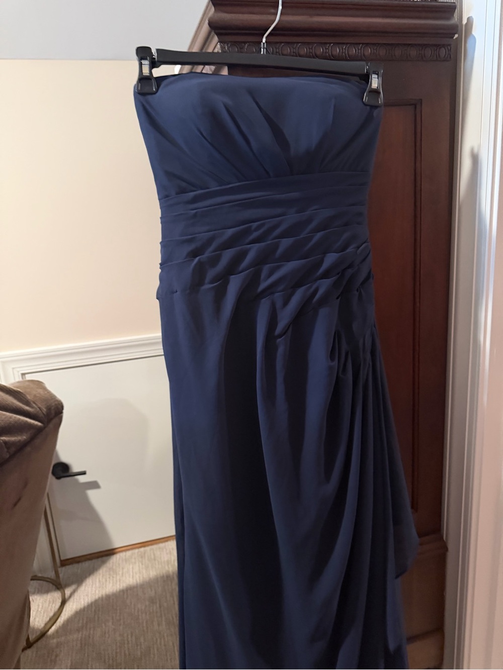 David's Bridal Strapless Navy Blue Ruched Evening Gown